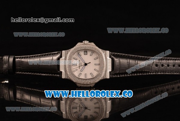 Patek Philippe Nautilus Miyota 9015 Automatic Steel Case Diamond Bezel with White Dial and Black Leather Strap - Click Image to Close